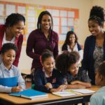 A Group of Smiling School Staff with Young Students | Education Insurance