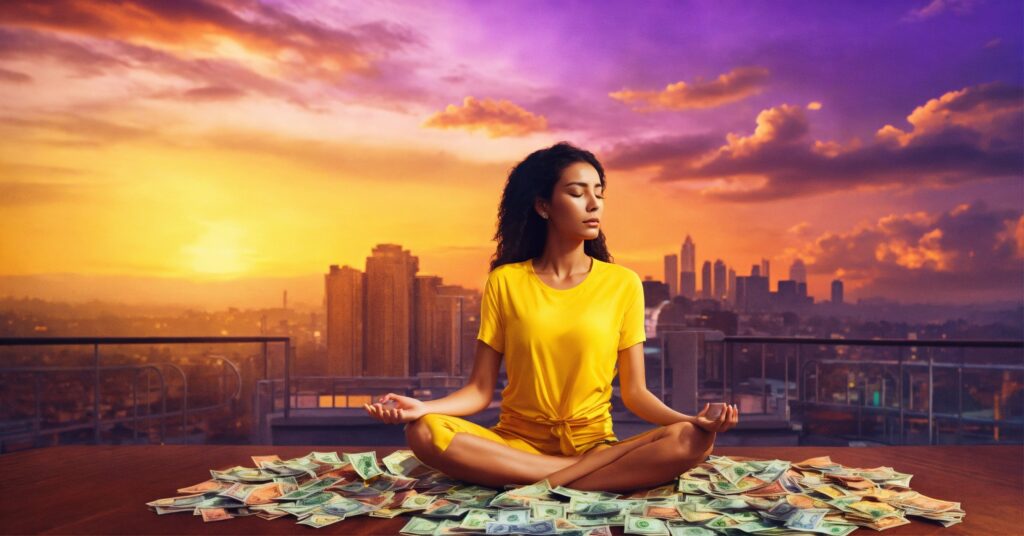 Young Woman Lotus Pose on top of Money | Smart Finance Strategies