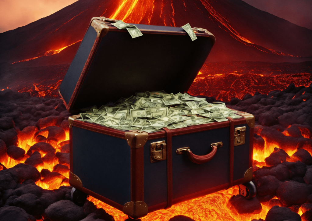 A suitcase full of money lies in the lava of a volcano | Emergency Fund