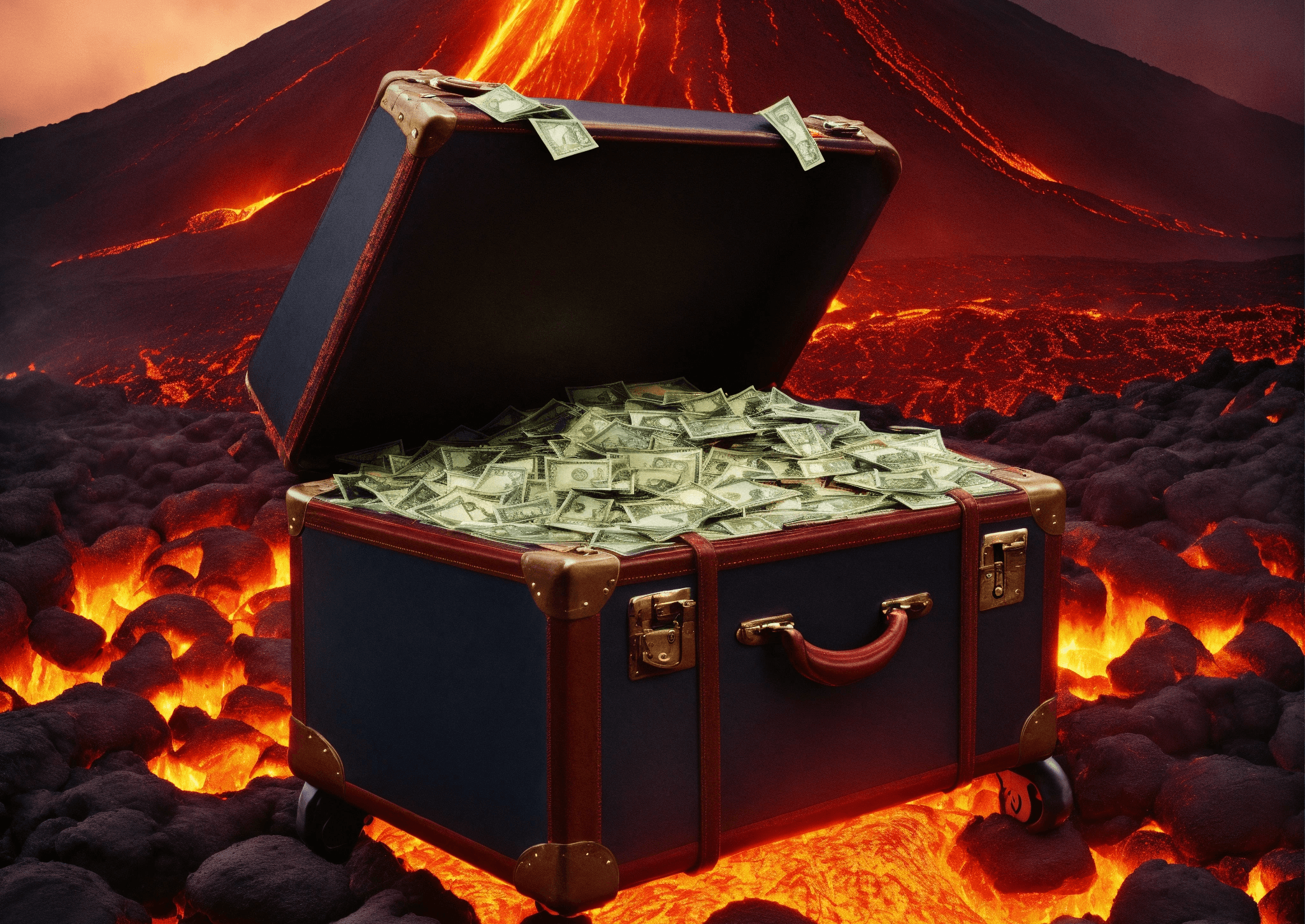 A suitcase full of money lies in the lava of a volcano | Emergency Fund